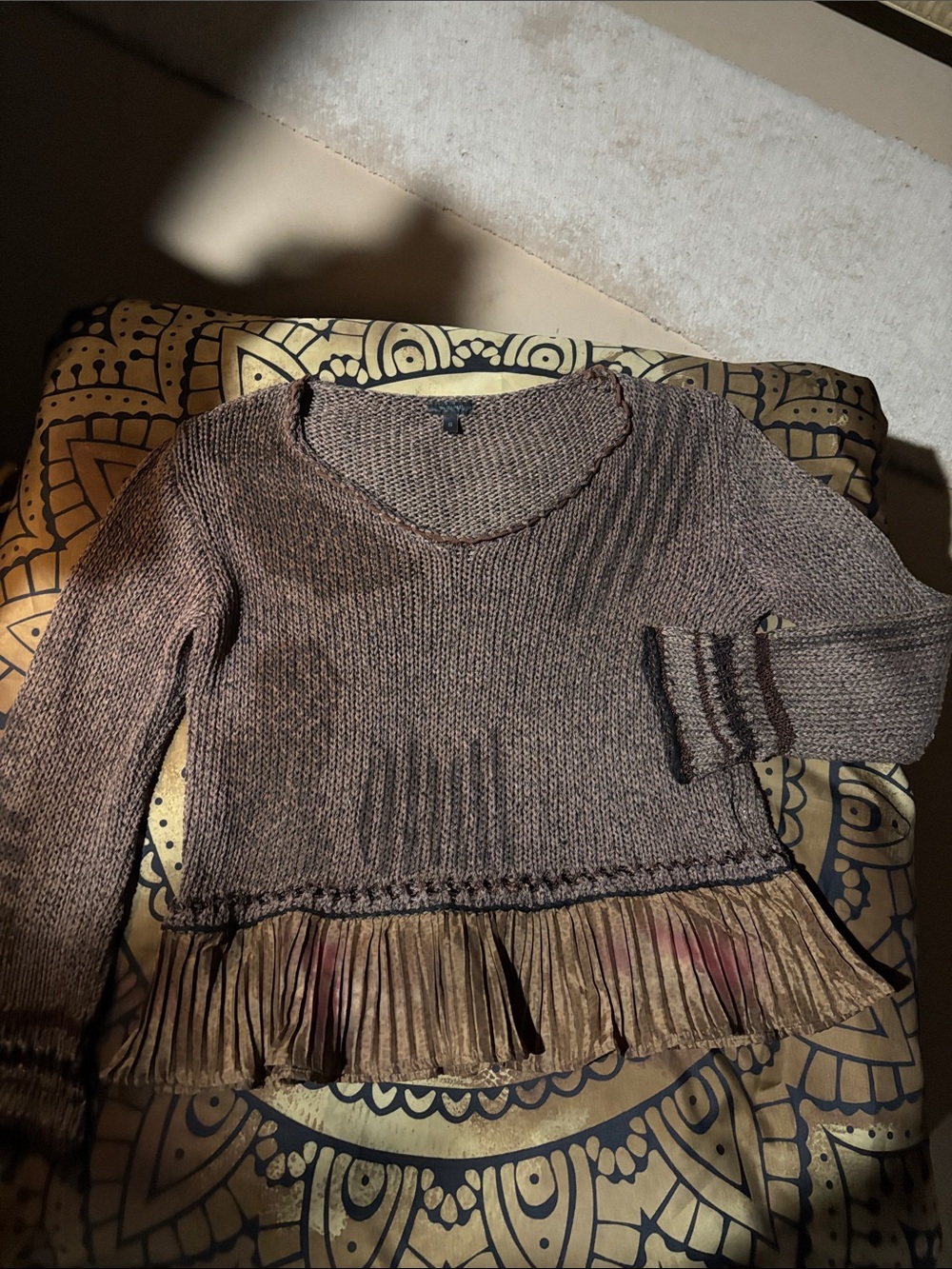 Women's Brown V-Neck Knit Sweater with Pleated Hem